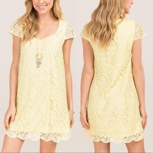 Yellow Lace Cap Sleeve Scallop Hem Shift Dress